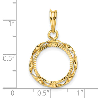 14k Polished Hand Twisted Ribbon and Diamond-cut 14.0mm Prong Coin Bezel Pendant - Fits 1/20 oz Maple Leaf and Other Coins