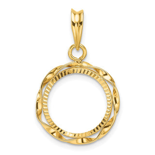 14k Polished Hand Twisted Ribbon and Diamond-cut 14.0mm Prong Coin Bezel Pendant - Fits 1/20 oz Maple Leaf and Other Coins