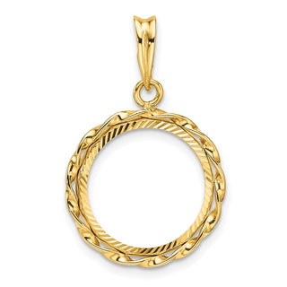 14k Polished Hand Twisted Ribbon and Diamond-cut 15.0mm Prong Coin Bezel Pendant - Fits US $1 Type 2