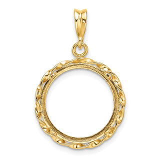 14k Yellow Gold Polished Hand Twisted Ribbon and Diamond-cut 16.0mm Prong Coin Bezel Pendant - Fits Maple Leaf