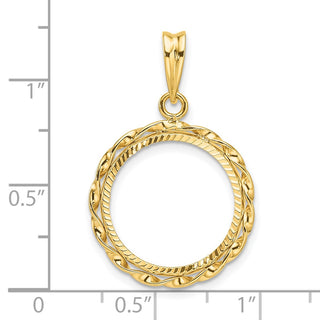 14k Yellow Gold Polished Hand Twisted Ribbon and Diamond-cut 16.0mm Prong Coin Bezel Pendant - Fits Maple Leaf