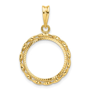 14k Yellow Gold Polished Hand Twisted Ribbon and Diamond-cut 16.0mm Prong Coin Bezel Pendant - Fits Maple Leaf