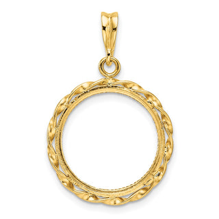 14k Polished Hand Twisted Ribbon and Diamond-cut 16.5mm Prong Coin Bezel Pendant - Fits 1/10 oz American Eagle and 1/10 oz Krugerrand