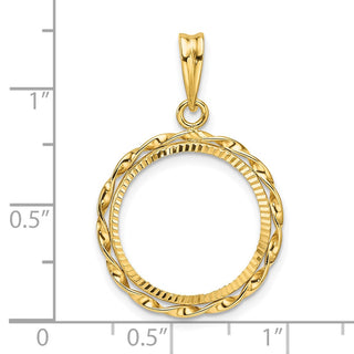 14k Polished Hand Twisted Ribbon and Diamond-cut 16.5mm Prong Coin Bezel Pendant - Fits 1/10 oz American Eagle and 1/10 oz Krugerrand