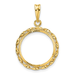 14k Polished Hand Twisted Ribbon and Diamond-cut 16.5mm Prong Coin Bezel Pendant - Fits 1/10 oz American Eagle and 1/10 oz Krugerrand