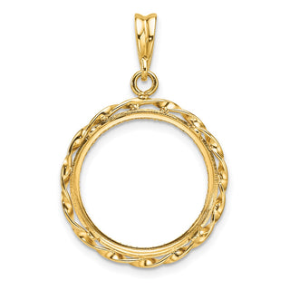 14k Yellow Gold Polished Hand Twisted Ribbon and Diamond-cut 17.8mm Prong Coin Bezel Pendant - Fits US $2.50 Liberty and Other Coins