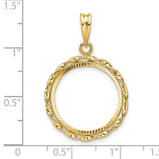 14k Yellow Gold Polished Hand Twisted Ribbon and Diamond-cut 17.8mm Prong Coin Bezel Pendant - Fits US $2.50 Liberty and Other Coins
