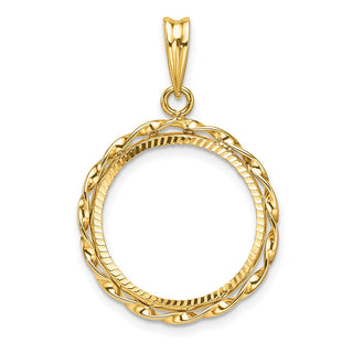 14k Yellow Gold Polished Hand Twisted Ribbon and Diamond-cut 17.8mm Prong Coin Bezel Pendant - Fits US $2.50 Liberty and Other Coins