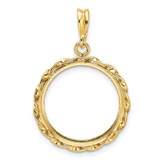 14k Yellow Gold Polished Hand Twisted Ribbon and Diamond-cut 18.0mm Prong Coin Bezel Pendant - Fits 1/10 oz Cat, 1/10 oz Panda, and US Dime