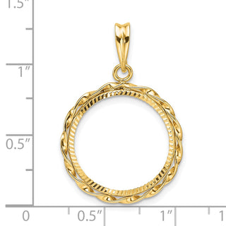 14k Yellow Gold Polished Hand Twisted Ribbon and Diamond-cut 18.0mm Prong Coin Bezel Pendant - Fits 1/10 oz Cat, 1/10 oz Panda, and US Dime
