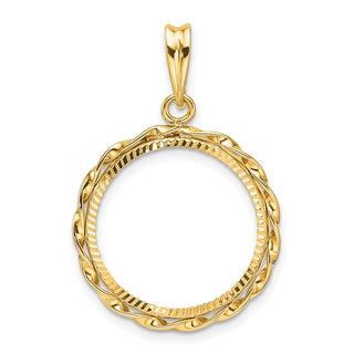 14k Yellow Gold Polished Hand Twisted Ribbon and Diamond-cut 18.0mm Prong Coin Bezel Pendant - Fits 1/10 oz Cat, 1/10 oz Panda, and US Dime