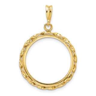 14k Yellow Gold Polished Hand Twisted Ribbon and Diamond-cut 20.0mm Prong Coin Bezel Pendant - Fits 1/4 oz Kangaroo