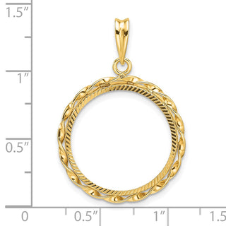 14k Yellow Gold Polished Hand Twisted Ribbon and Diamond-cut 20.0mm Prong Coin Bezel Pendant - Fits 1/4 oz Kangaroo