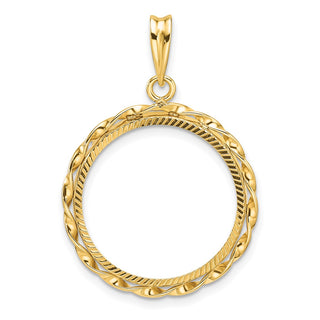 14k Yellow Gold Polished Hand Twisted Ribbon and Diamond-cut 20.0mm Prong Coin Bezel Pendant - Fits 1/4 oz Kangaroo