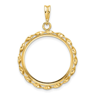 14k Yellow Gold Polished Hand Twisted Ribbon and Diamond-cut 21.6mm Prong Coin Bezel Pendant - Fits US $5 Bald Eagle and US $5 Congressional
