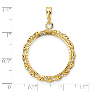 14k Yellow Gold Polished Hand Twisted Ribbon and Diamond-cut 21.6mm Prong Coin Bezel Pendant - Fits US $5 Bald Eagle and US $5 Congressional