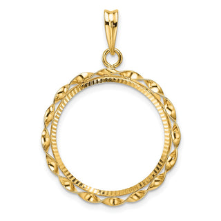 14k Yellow Gold Polished Hand Twisted Ribbon and Diamond-cut 21.6mm Prong Coin Bezel Pendant - Fits US $5 Bald Eagle and US $5 Congressional