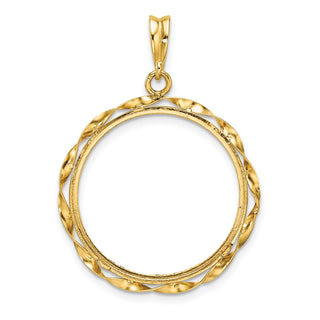 14k Yellow Gold Polished Hand Twisted Ribbon and Diamond-cut 22.0mm Prong Coin Bezel Pendant - Fits 1/4 oz American Eagle and Other Coins