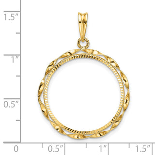 14k Yellow Gold Polished Hand Twisted Ribbon and Diamond-cut 22.0mm Prong Coin Bezel Pendant - Fits 1/4 oz American Eagle and Other Coins