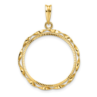 14k Yellow Gold Polished Hand Twisted Ribbon and Diamond-cut 22.0mm Prong Coin Bezel Pendant - Fits 1/4 oz American Eagle and Other Coins