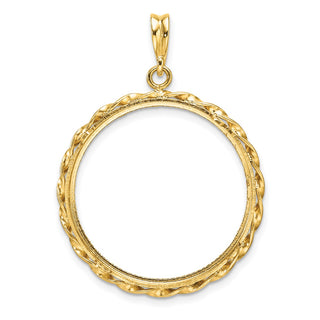 14k Yellow Gold Polished Hand Twisted Ribbon and Diamond-cut 25.0mm Prong Coin Bezel Pendant - Fits 1/2 oz Maple Leaf and Other Coins