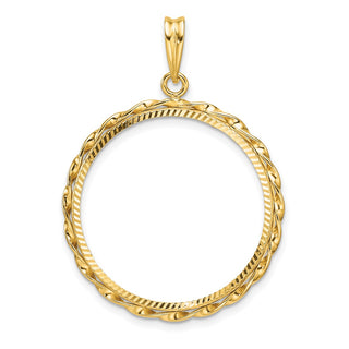 14k Yellow Gold Polished Hand Twisted Ribbon and Diamond-cut 25.0mm Prong Coin Bezel Pendant - Fits 1/2 oz Maple Leaf and Other Coins