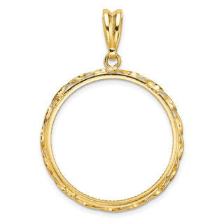 14k Yellow Gold Polished Hand Twisted Ribbon and Diamond-cut 27.0mm Prong Coin Bezel Pendant - Fits 1/2 oz American Eagle, US $10 Liberty, and Other Coins