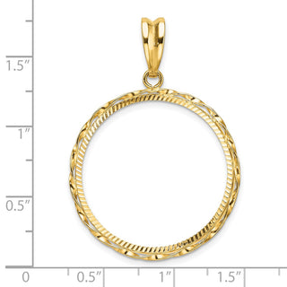 14k Yellow Gold Polished Hand Twisted Ribbon and Diamond-cut 27.0mm Prong Coin Bezel Pendant - Fits 1/2 oz American Eagle, US $10 Liberty, and Other Coins