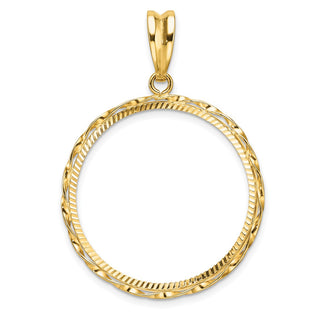14k Yellow Gold Polished Hand Twisted Ribbon and Diamond-cut 27.0mm Prong Coin Bezel Pendant - Fits 1/2 oz American Eagle, US $10 Liberty, and Other Coins