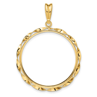 14k Yellow Gold Polished Hand Twisted Ribbon and Diamond-cut 30.0mm Prong Coin Bezel Pendant