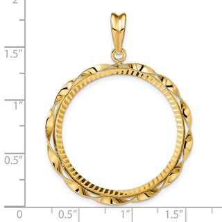 14k Yellow Gold Polished Hand Twisted Ribbon and Diamond-cut 30.0mm Prong Coin Bezel Pendant