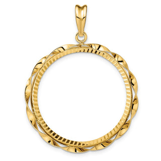 14k Yellow Gold Polished Hand Twisted Ribbon and Diamond-cut 30.0mm Prong Coin Bezel Pendant