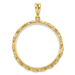 14k Yellow Gold Polished Hand Twisted Ribbon and Diamond-cut 32.0mm Prong Coin Bezel Pendant - Fits 1 oz Australian Nugget, 1 oz Kangaroo, 1 oz Panda, and Other Coins