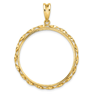 14k Yellow Gold Polished Hand Twisted Ribbon and Diamond-cut 32.0mm Prong Coin Bezel Pendant - Fits 1 oz Australian Nugget, 1 oz Kangaroo, 1 oz Panda, and Other Coins