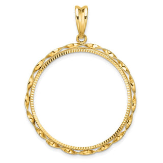 14k Yellow Gold Polished Hand Twisted Ribbon and Diamond-cut 32.0mm Prong Coin Bezel Pendant - Fits 1 oz Australian Nugget, 1 oz Kangaroo, 1 oz Panda, and Other Coins