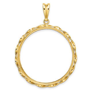 14k Yellow Gold Polished Hand Twisted Ribbon and Diamond-cut 32.7mm Prong Coin Bezel Pendant - Fits 1 oz American Eagle, 1 oz Cat, and 1 oz Krugerrand