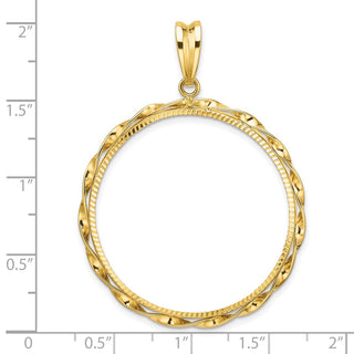 14k Yellow Gold Polished Hand Twisted Ribbon and Diamond-cut 32.7mm Prong Coin Bezel Pendant - Fits 1 oz American Eagle, 1 oz Cat, and 1 oz Krugerrand