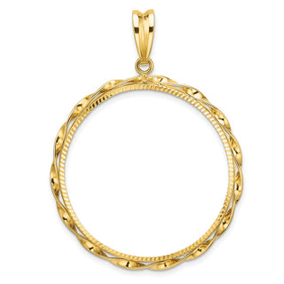 14k Yellow Gold Polished Hand Twisted Ribbon and Diamond-cut 32.7mm Prong Coin Bezel Pendant - Fits 1 oz American Eagle, 1 oz Cat, and 1 oz Krugerrand