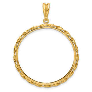 14k Yellow Gold Polished Hand Twisted Ribbon and Diamond-cut 34.2mm Prong Coin Bezel Pendant