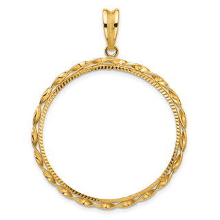 14k Yellow Gold Polished Hand Twisted Ribbon and Diamond-cut 34.2mm Prong Coin Bezel Pendant