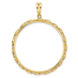 14k Yellow Gold Polished Hand Twisted Ribbon and Diamond-cut 39.5mm Prong Coin Bezel Pendant - Fits 4 Ducat