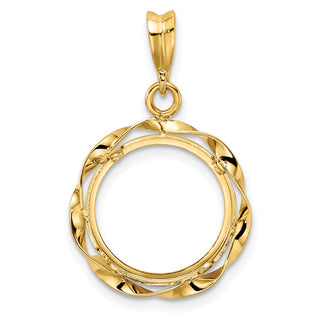 14k Yellow Gold Hand Twisted Ribbon 14mm Prong Coin Bezel Pendant - Fits 1/20 oz Maple Leaf and Other Coins