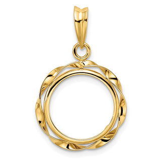14k Yellow Gold Hand Twisted Ribbon 14mm Prong Coin Bezel Pendant - Fits 1/20 oz Maple Leaf and Other Coins