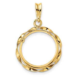 14k Yellow Gold Hand Twisted Ribbon 16mm Prong Coin Bezel Pendant - Fits 1/10 oz Maple Leaf, Maple Leaf, and Other Coins