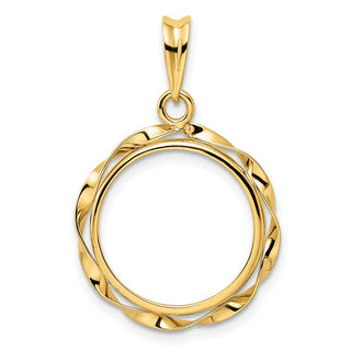 14k Yellow Gold Hand Twisted Ribbon 16mm Prong Coin Bezel Pendant - Fits 1/10 oz Maple Leaf, Maple Leaf, and Other Coins
