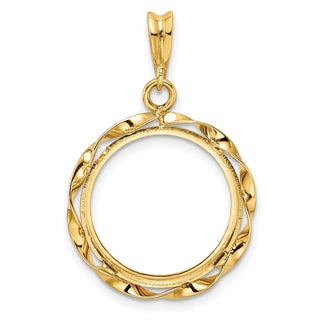 14k Yellow Gold Hand Twisted Ribbon 16.5mm Prong Coin Bezel Pendant - Fits 1/10 oz American Eagle and 1/10 oz Krugerrand