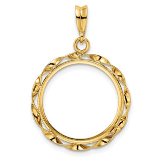 14k Yellow Gold Hand Twisted Ribbon 17.8mm Prong Coin Bezel Pendant - Fits US $2.50 Liberty and Other Coins