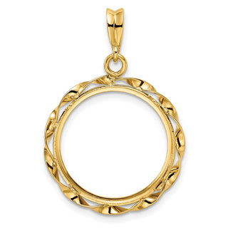 14k Yellow Gold Hand Twisted Ribbon 18mm Prong Coin Bezel Pendant - Fits 1/10 oz Cat, 1/10 oz Panda, and US Dime