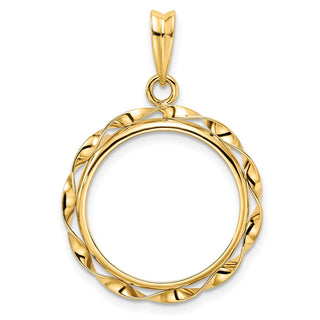 14k Yellow Gold Hand Twisted Ribbon 18mm Prong Coin Bezel Pendant - Fits 1/10 oz Cat, 1/10 oz Panda, and US Dime