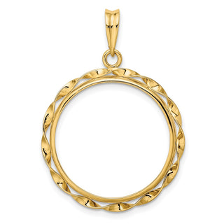 14k Yellow Gold Hand Twisted Ribbon 22mm Prong Coin Bezel Pendant - Fits 1/4 oz American Eagle and Other Coins